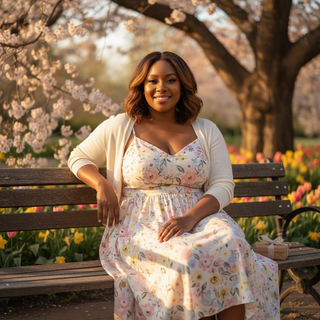 curve black woman outdoor park bench 65593605