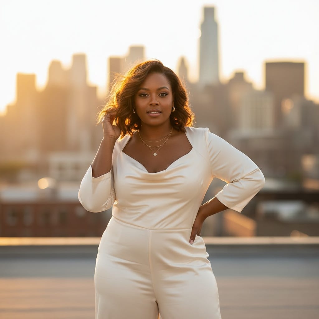 curve black woman rooftop cityscape sunset 18295229