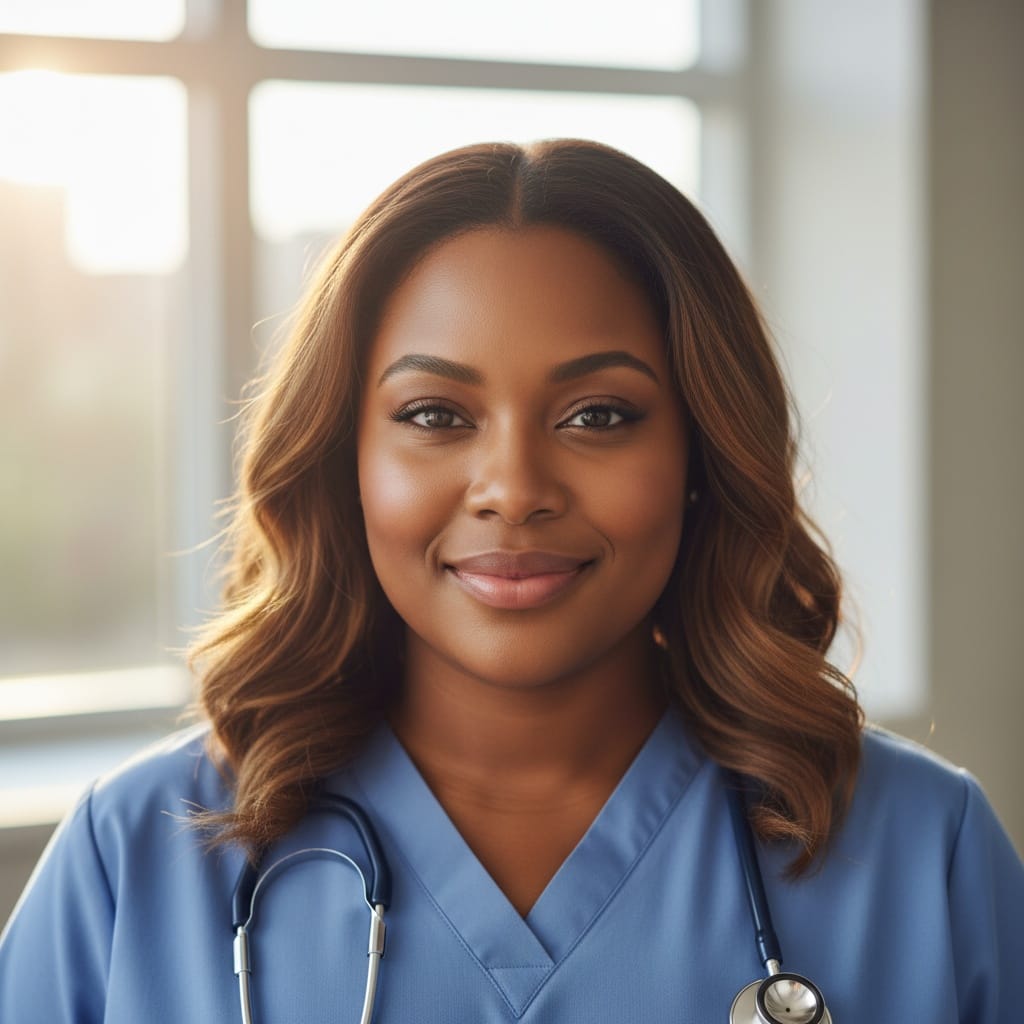 curve black woman scrubs clinical environment 76084695