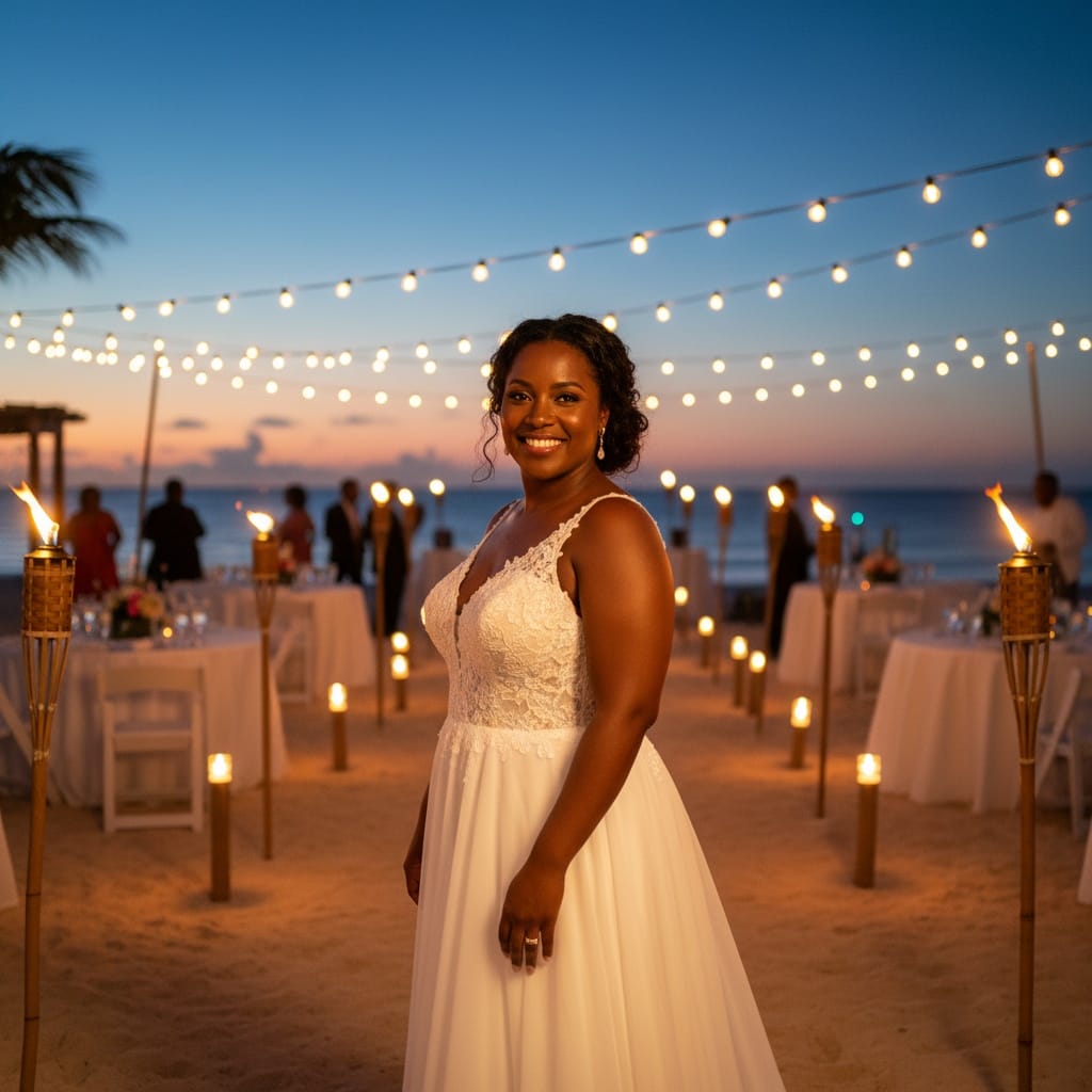 curve black woman tiki torch evening reception 14818304