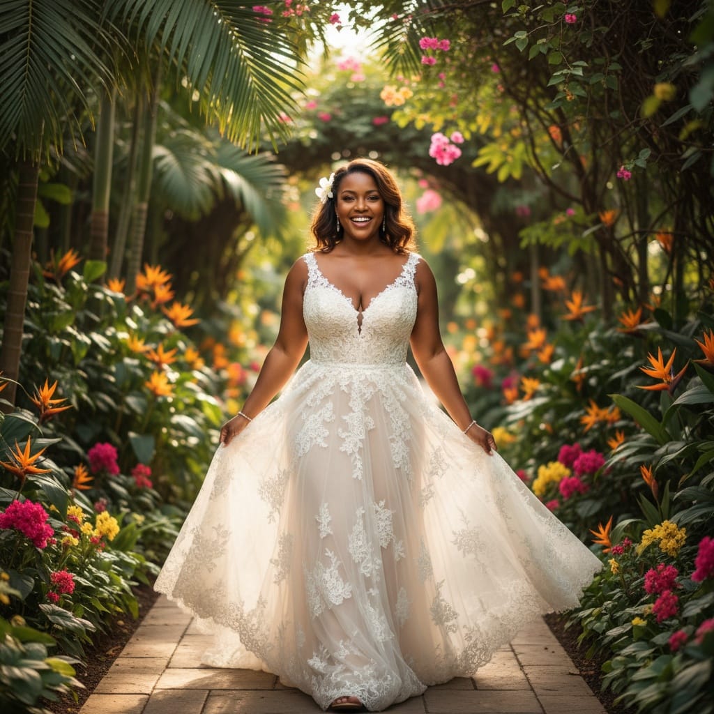 curve black woman tropical garden ceremony walk 60733655