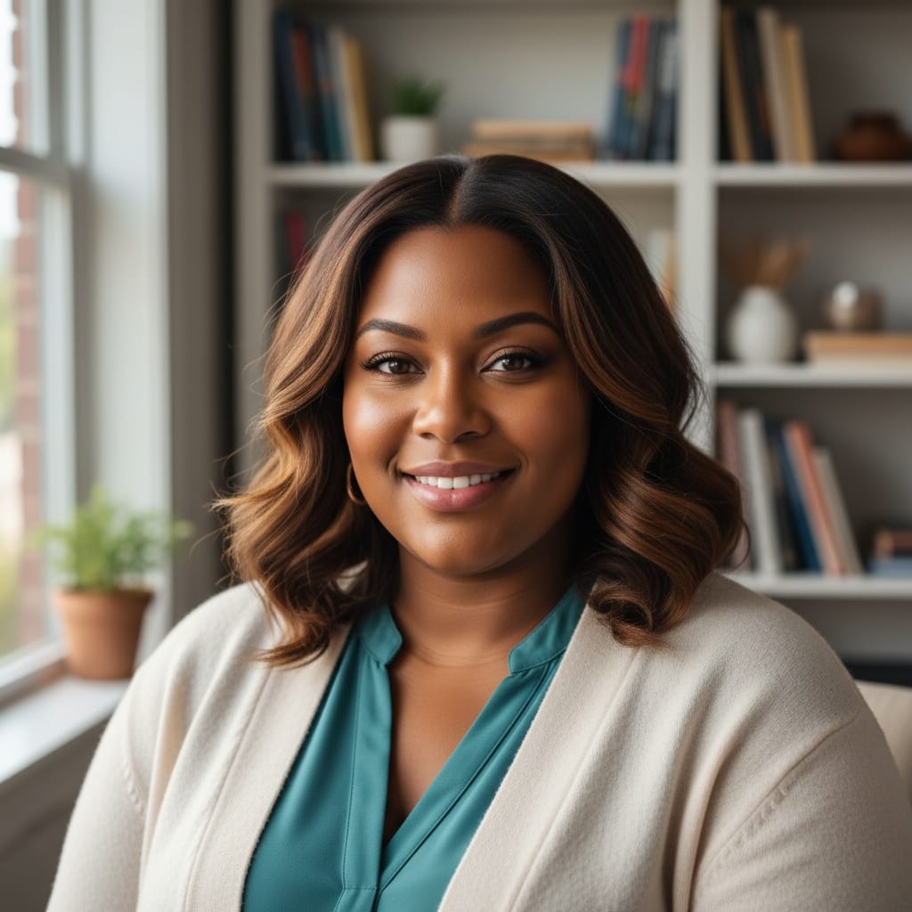 curve black woman warm cozy office setting 31017710