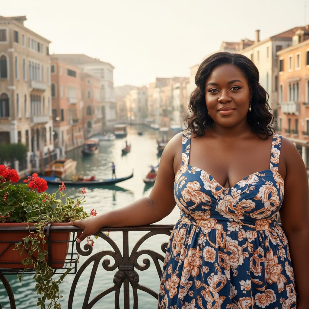 curve black woman waterfront balcony view 58796702