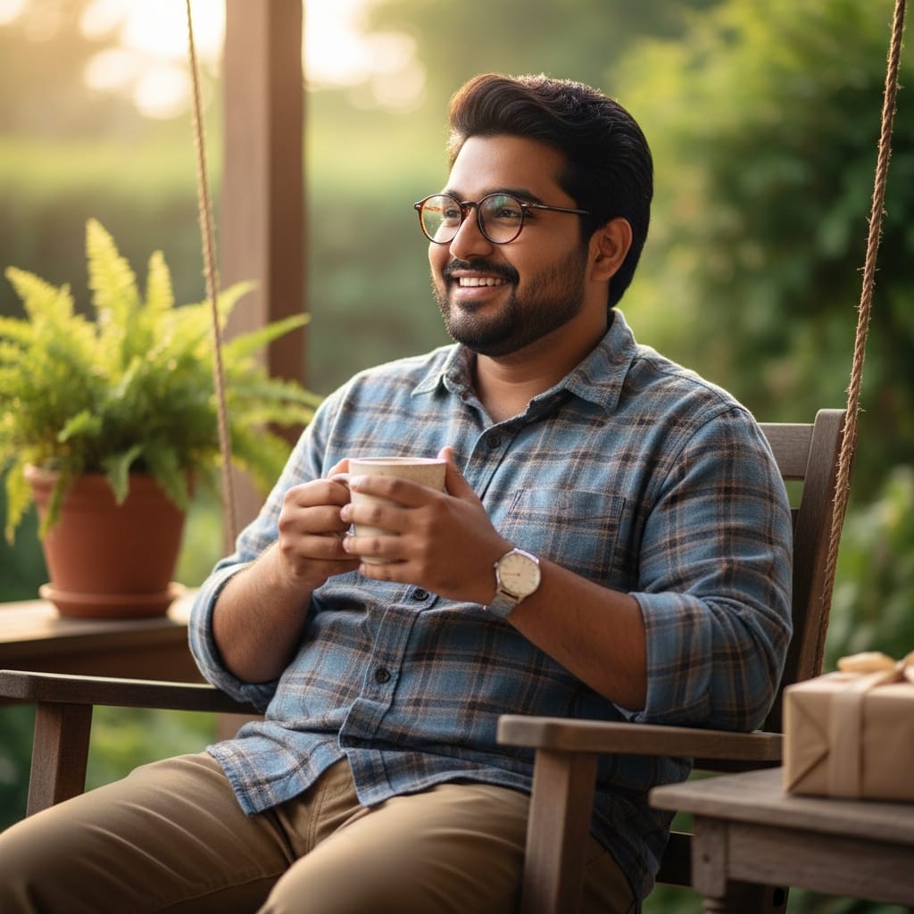curve indian man dad relaxing with coffee 92550761