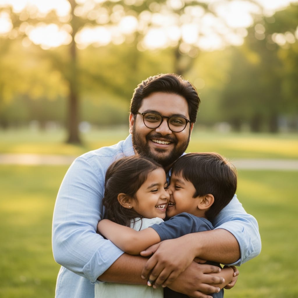 curve indian man dad with kids outdoor hug 74422184
