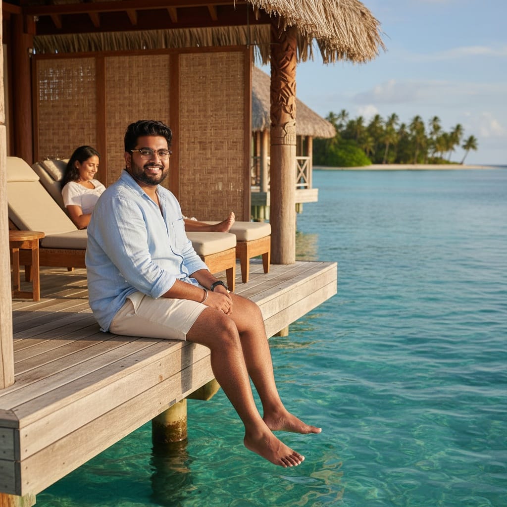 curve indian man overwater bungalow deck 16878925