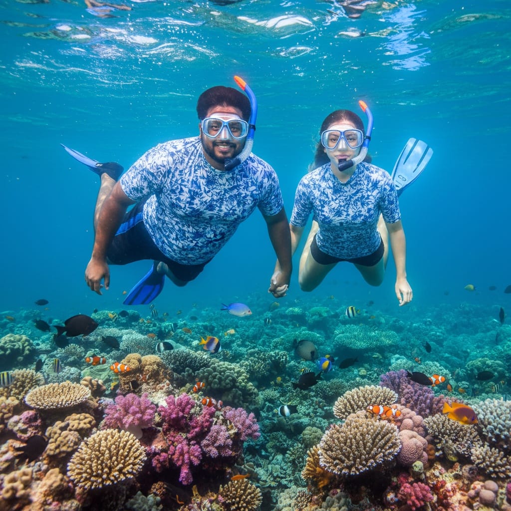 curve indian man snorkeling underwater couple 58100777