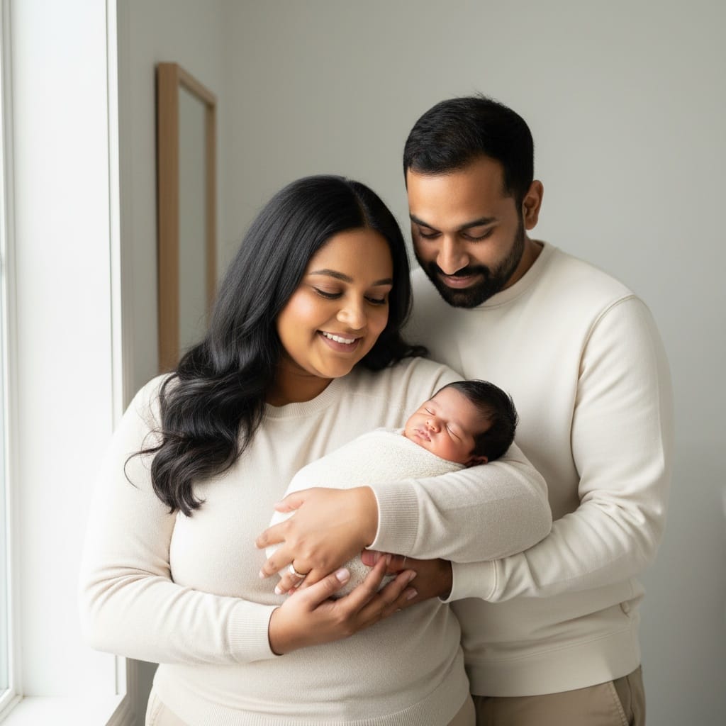 curve indian woman couple together with newborn 19097221