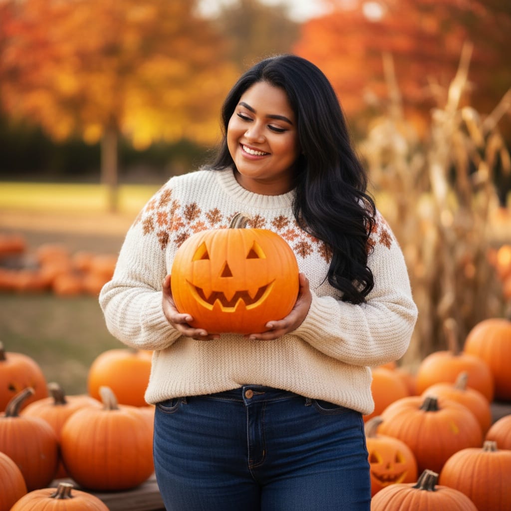 curve indian woman cute pumpkin patch casual 58330740