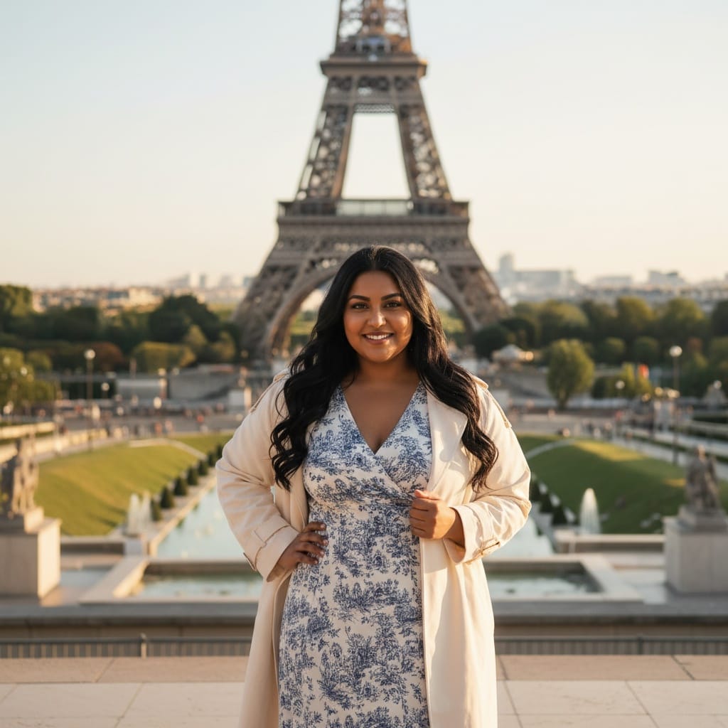 curve indian woman eiffel tower golden hour 86628495