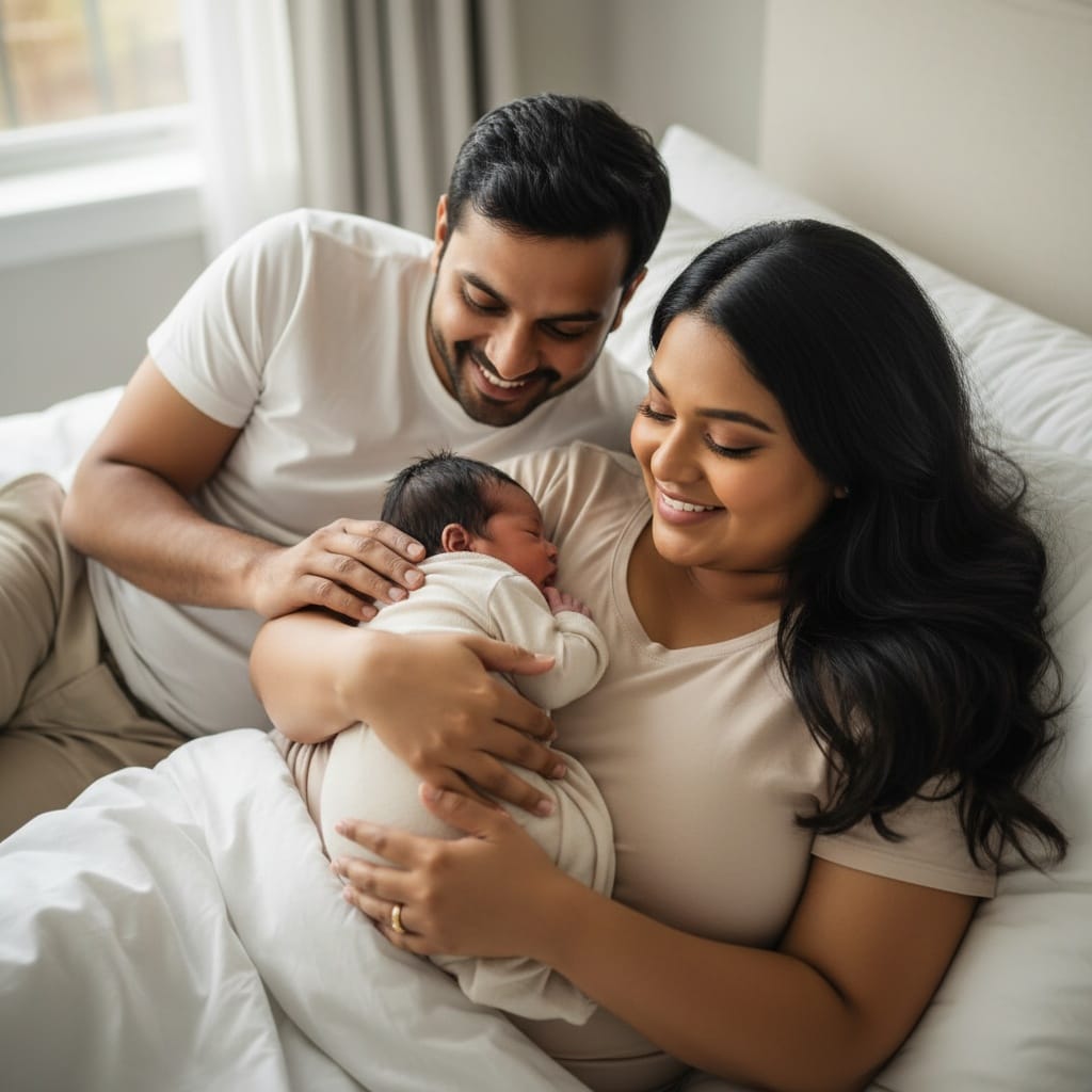 curve indian woman family on bed natural light 96992669