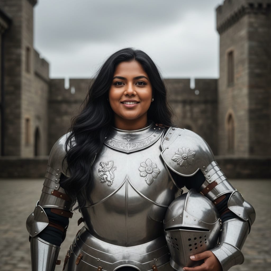 curve indian woman knight armor castle courtyard 72678812