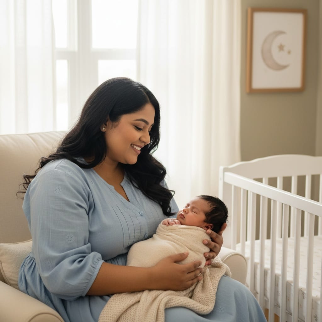 curve indian woman newborn sleeping parent watching 10526262