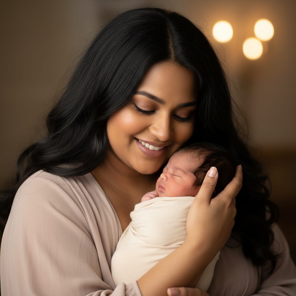 curve indian woman parent gazing at newborn 64925451
