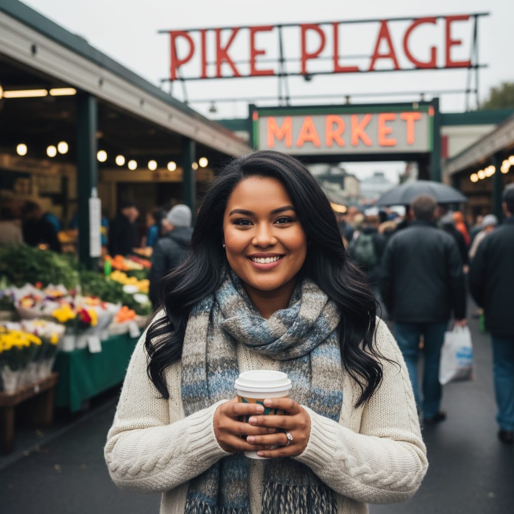 curve indian woman pike place market entrance 73587371
