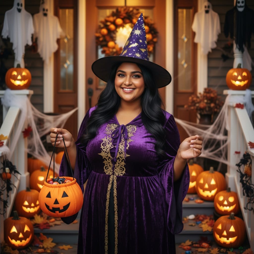 curve indian woman trick or treat doorstep 58139844