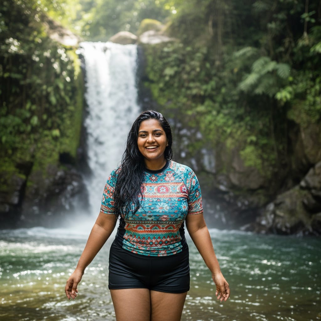 curve indian woman waterfall adventure portrait 70516002