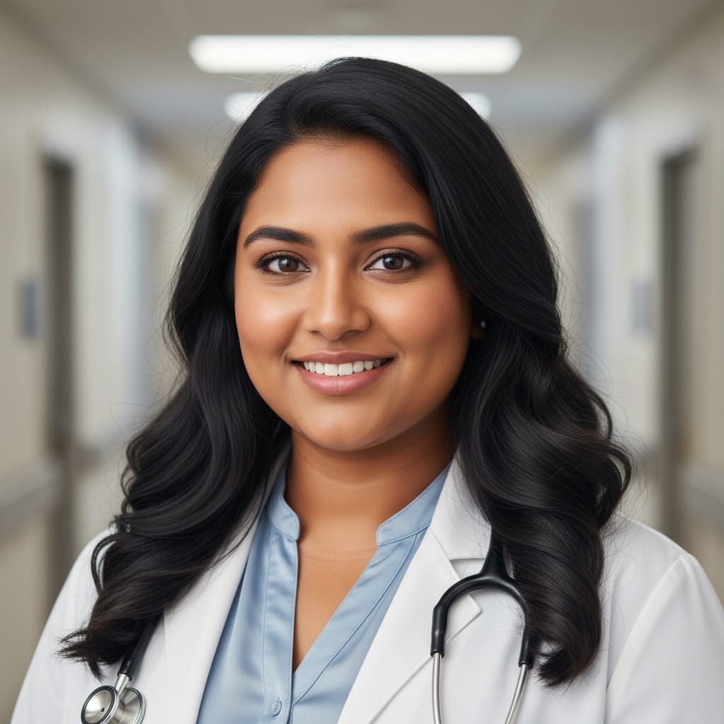 curve indian woman white coat hospital background 94193255