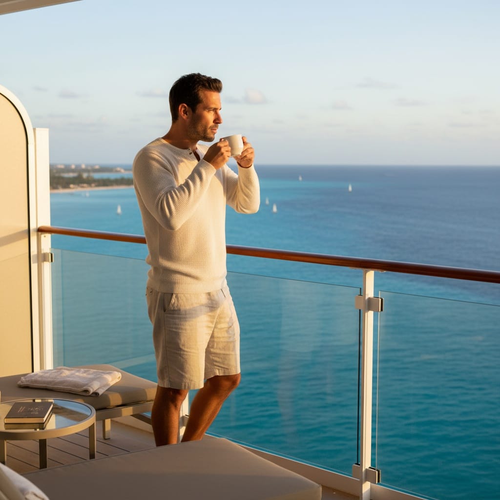 curve latina woman cruise ship balcony morning 65522486