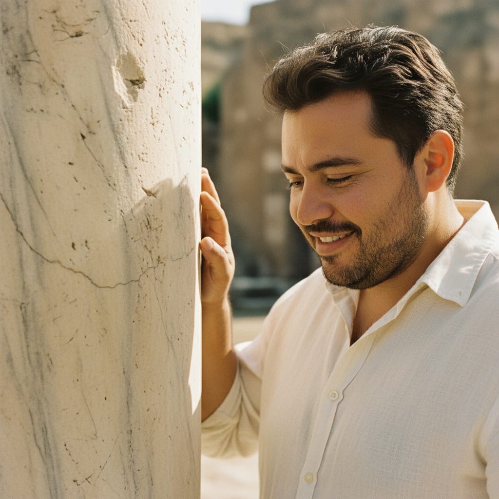 curve latino man touching ancient marble 97913962