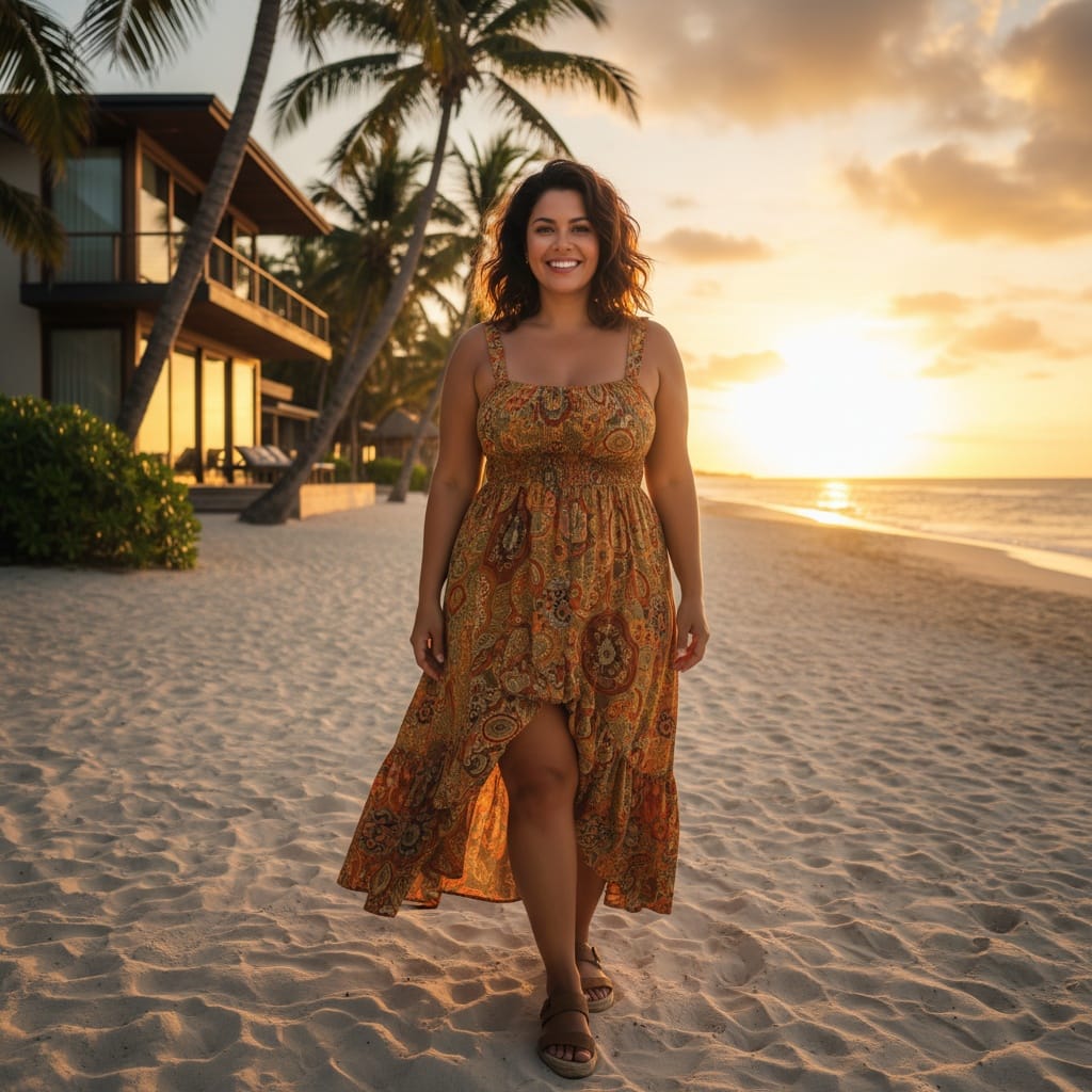 curve latino woman beachfront exterior golden hour 14932919