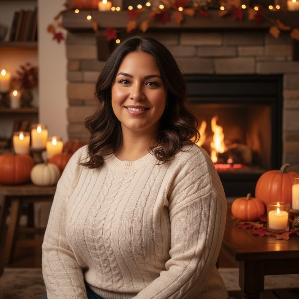 curve latino woman cozy fireplace thanksgiving 46500474