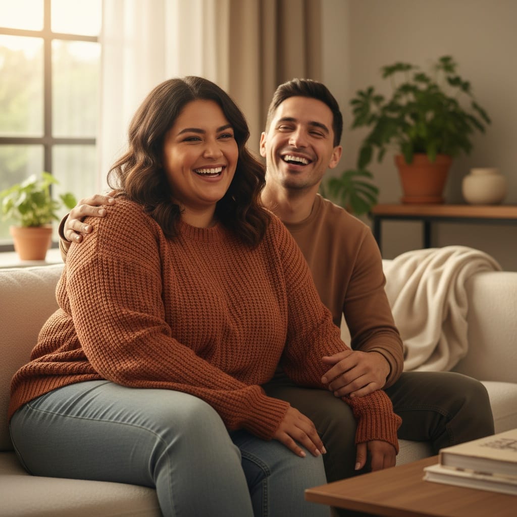 curve latino woman cozy home laughing 27432636