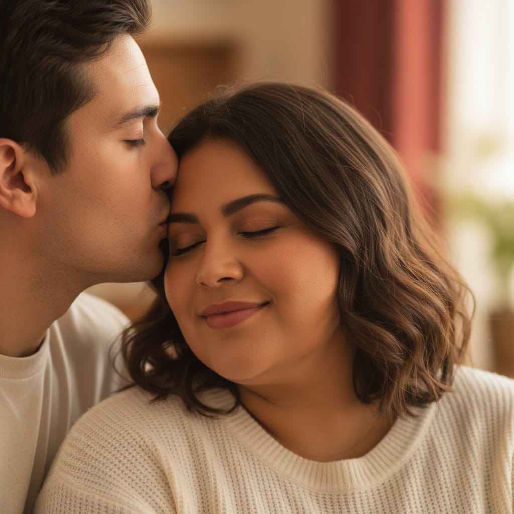 curve latino woman forehead kiss closeup 64629616