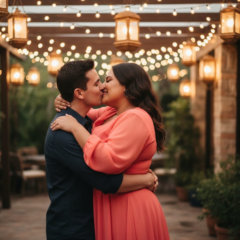 curve latino woman kissing under lights 75568347