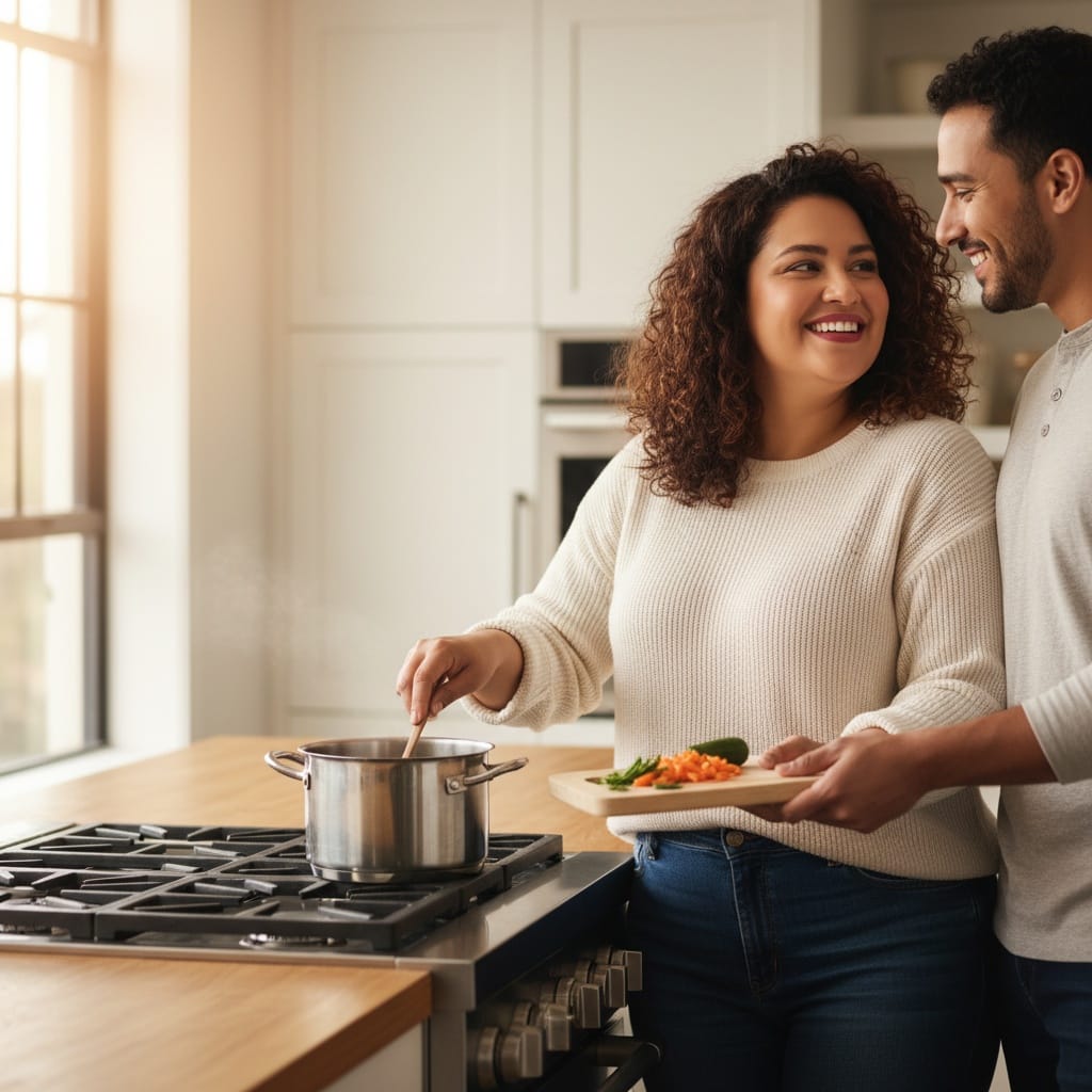 curve latino woman kitchen cooking together 44714321
