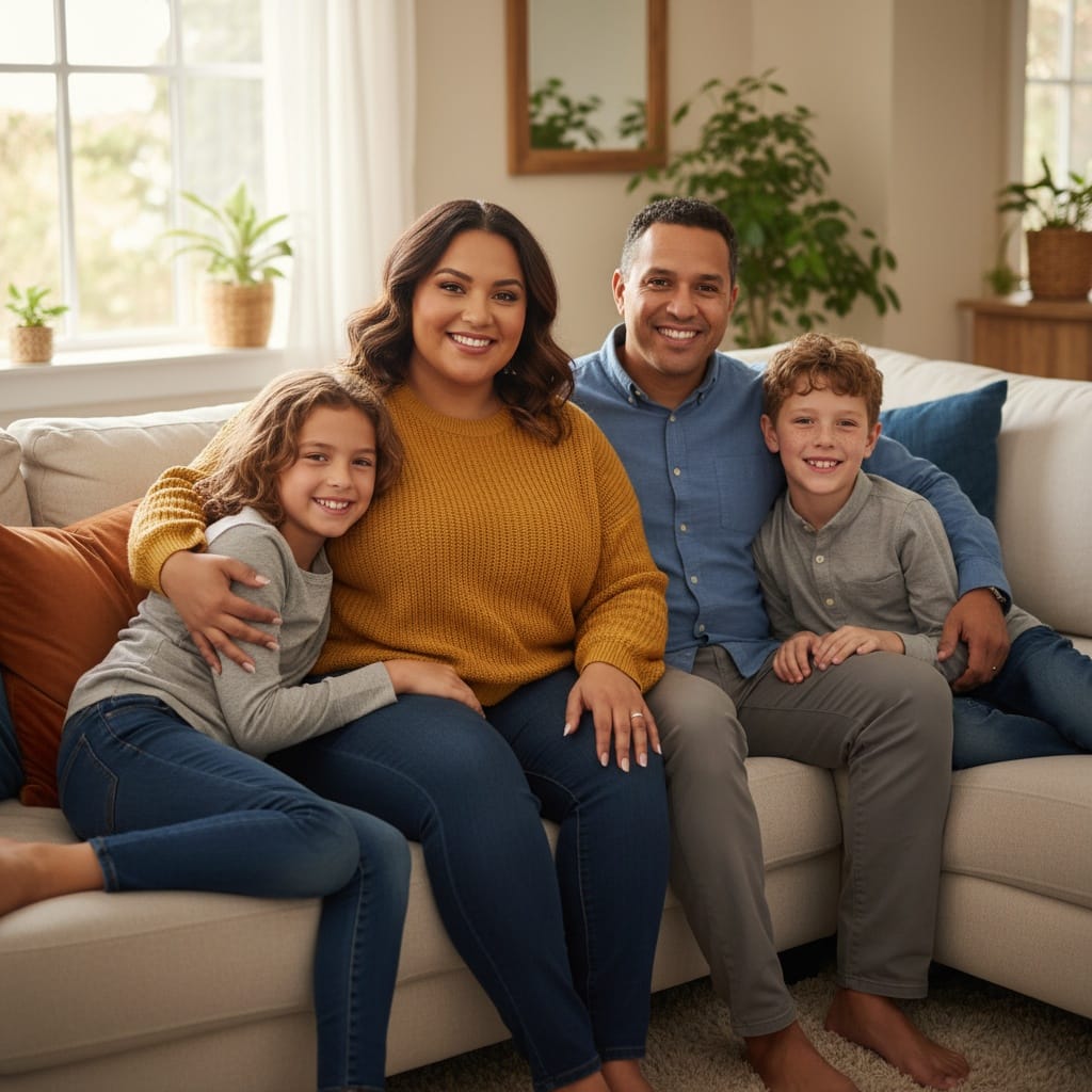 curve latino woman living room couch portrait 87986871