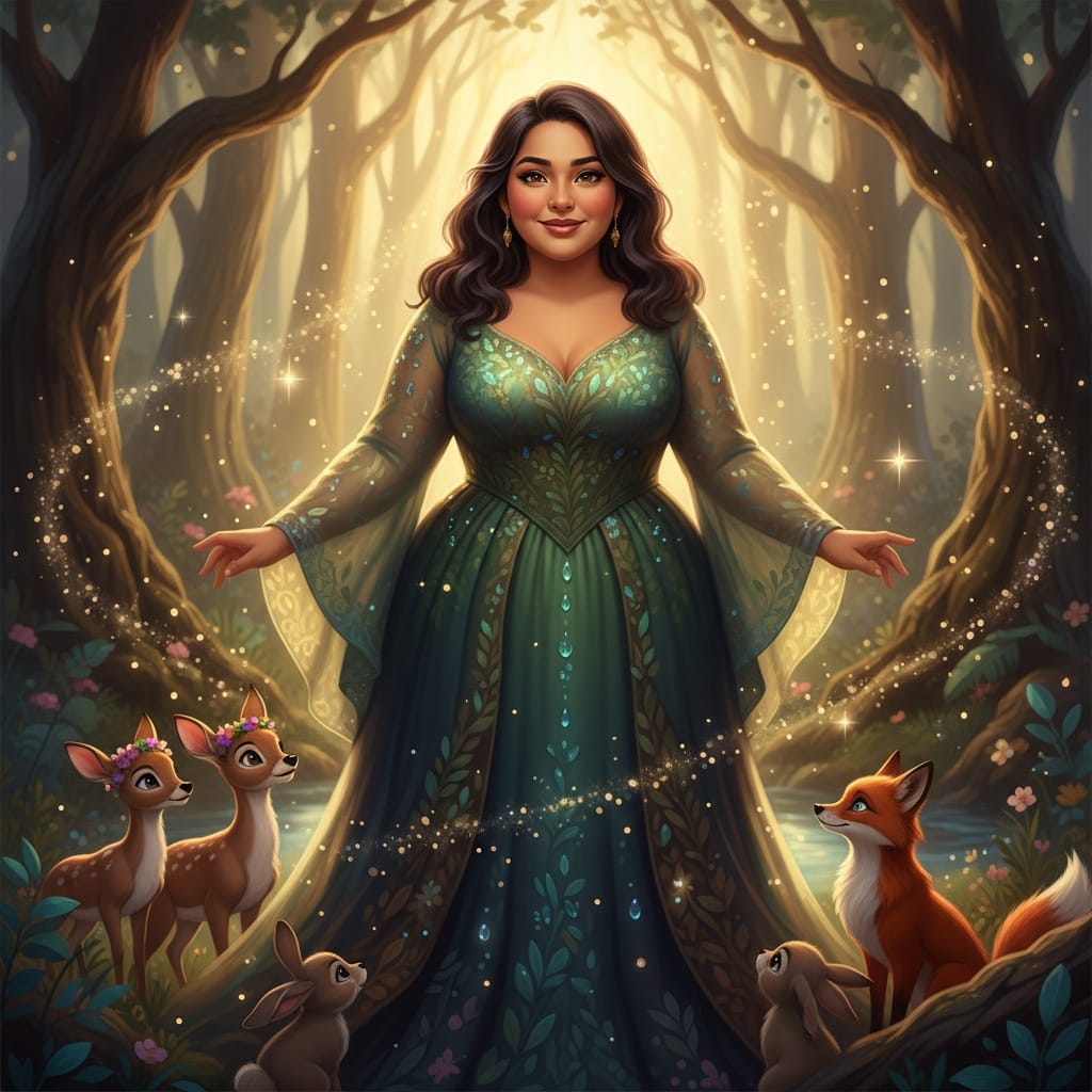curve latino woman magical woodland scene 34142789