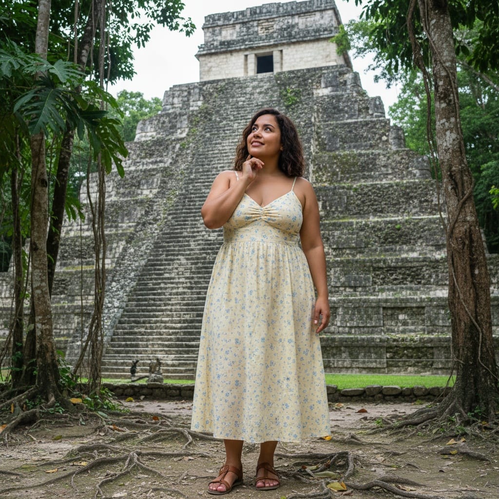 curve latino woman mayan ruins adventure shot 65359526