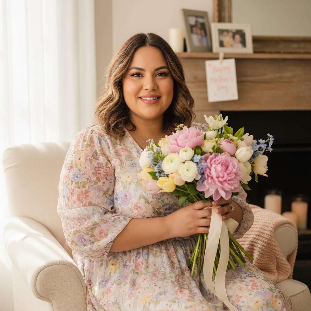 curve latino woman mom with flower bouquet 43277337
