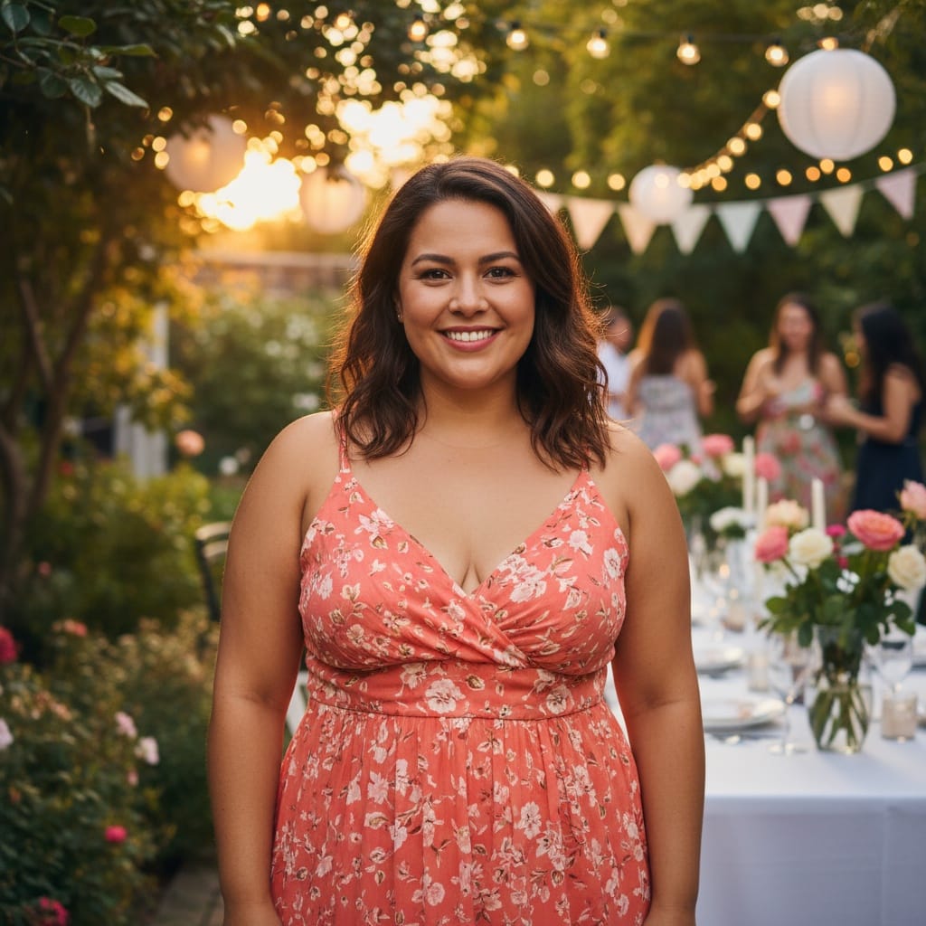 curve latino woman outdoor garden party setting 89931590