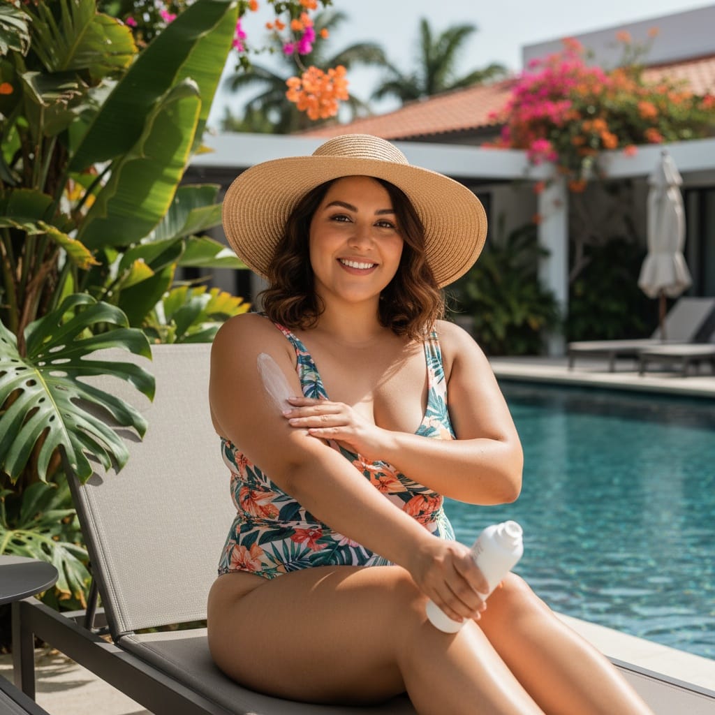 curve latino woman poolside resort lifestyle 25158073