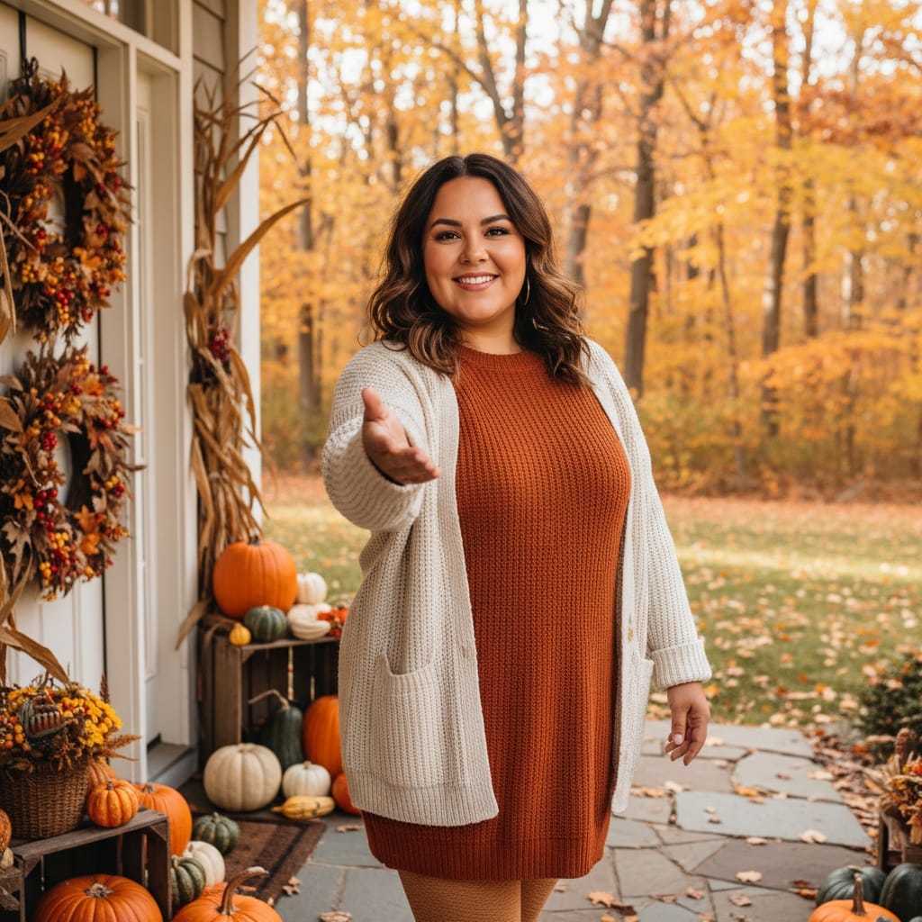 curve latino woman porch autumn welcome 84464055