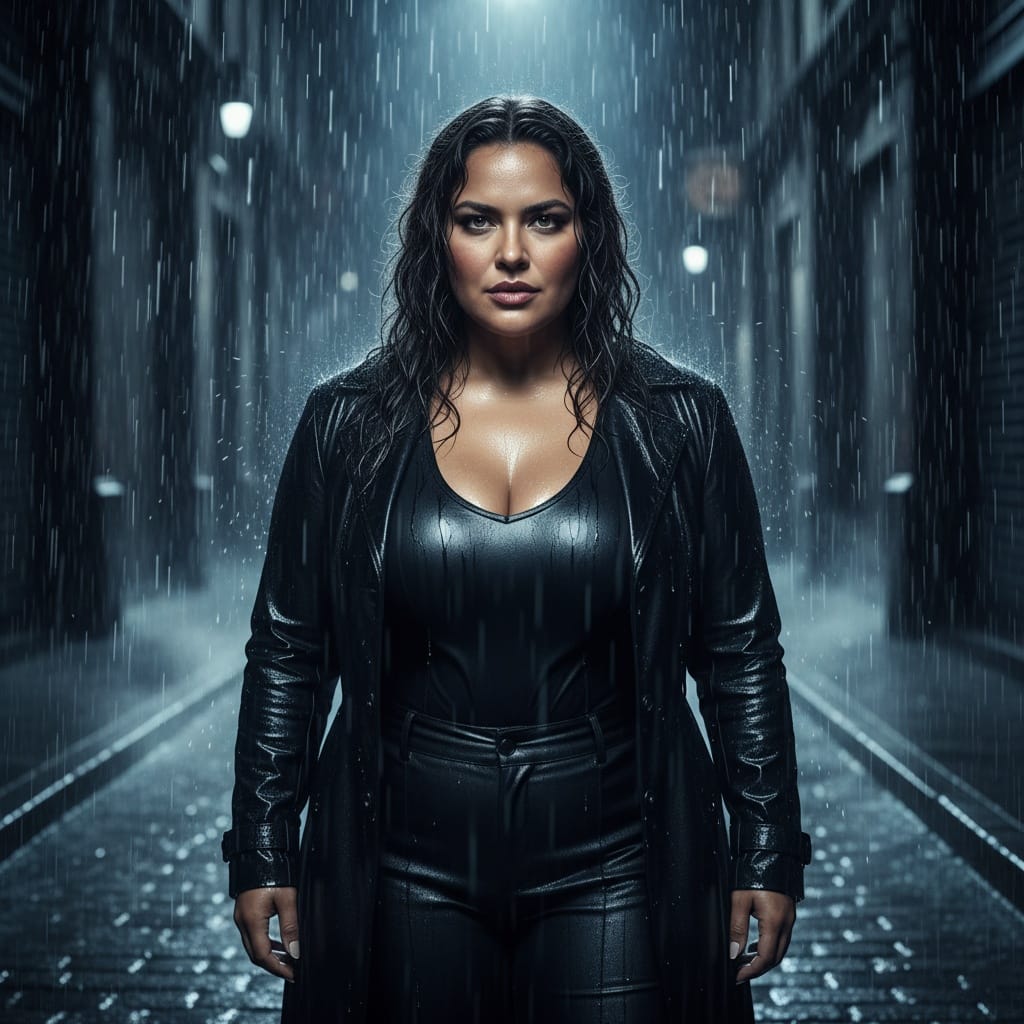 curve latino woman rain dramatic exterior 92185698
