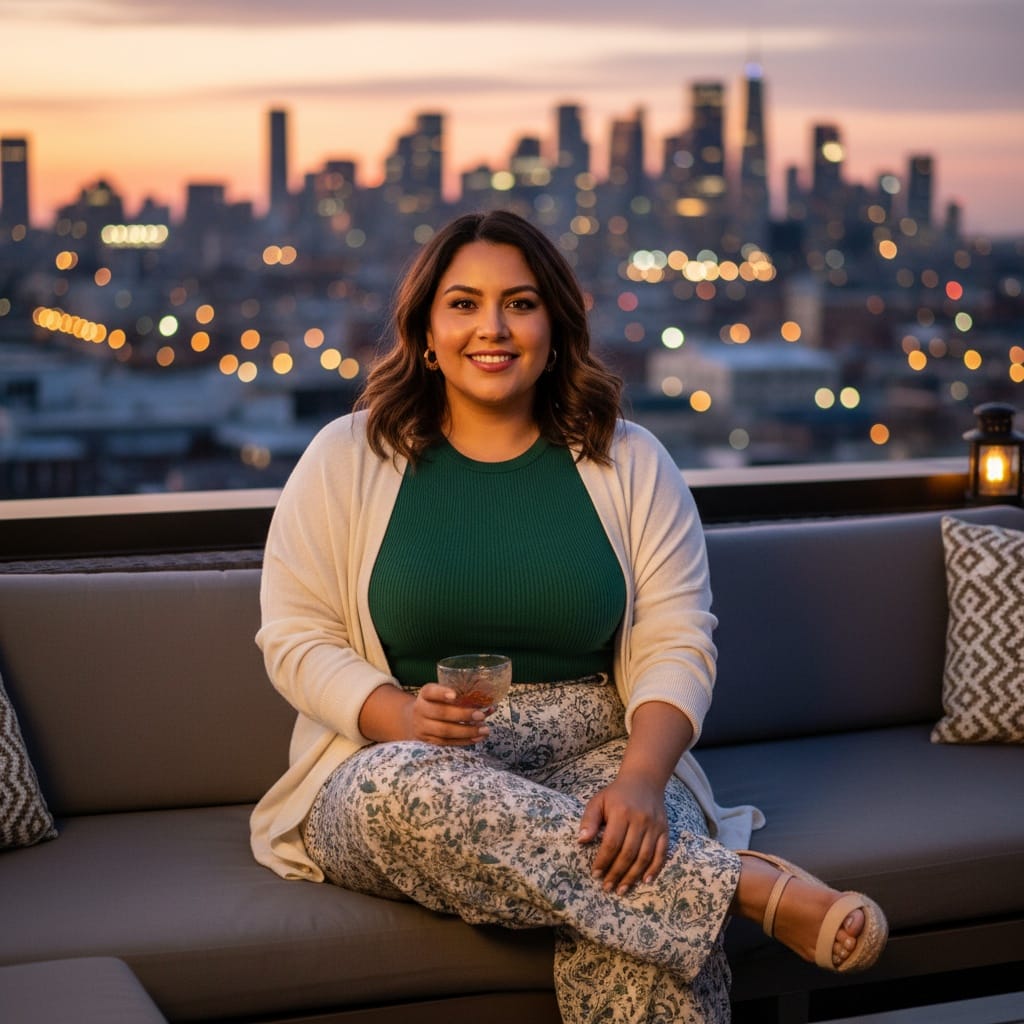 curve latino woman rooftop cityscape sunset 31507833