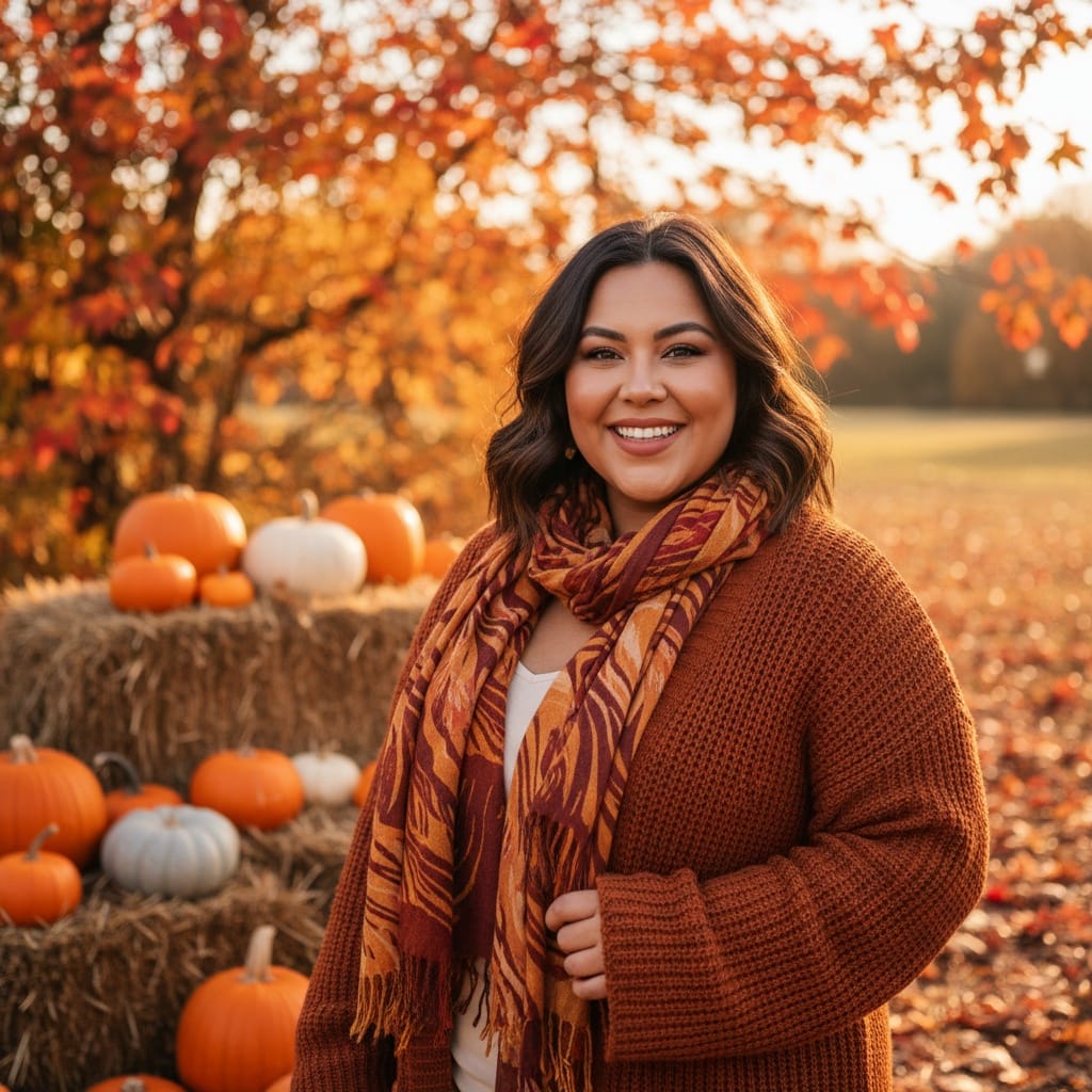 curve latino woman rustic autumn outdoor portrait 98046433