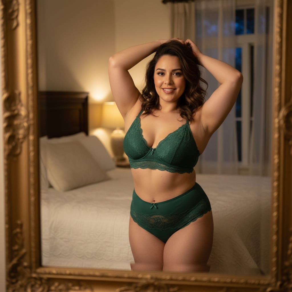 curve latino woman standing mirror reflection 47921290