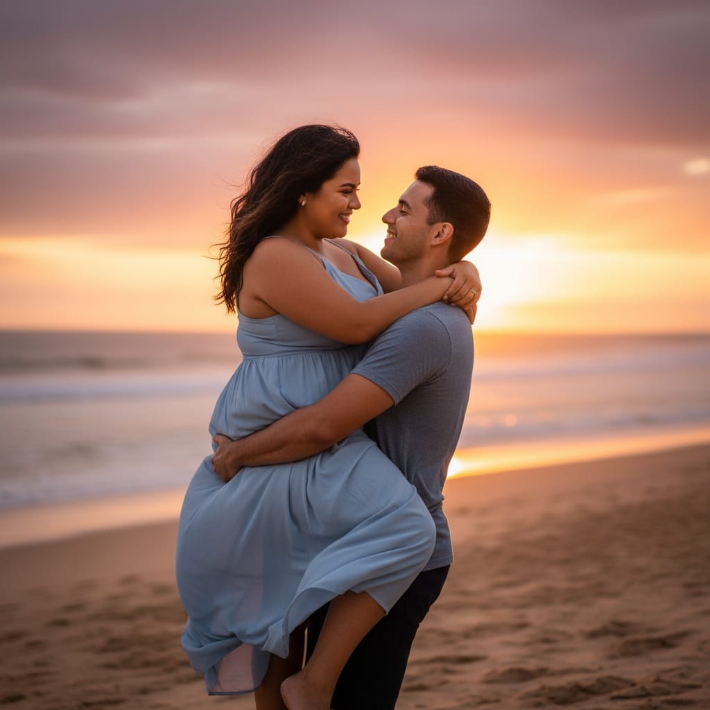 curve latino woman sunset beach embrace 95434373