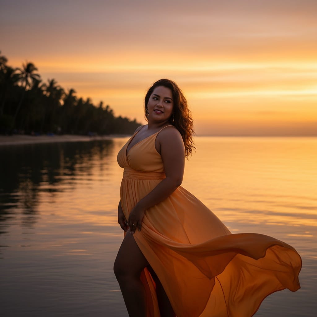 curve latino woman sunset beach silhouette 19651382