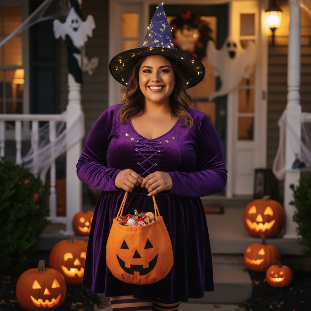 curve latino woman trick or treat doorstep 10179406