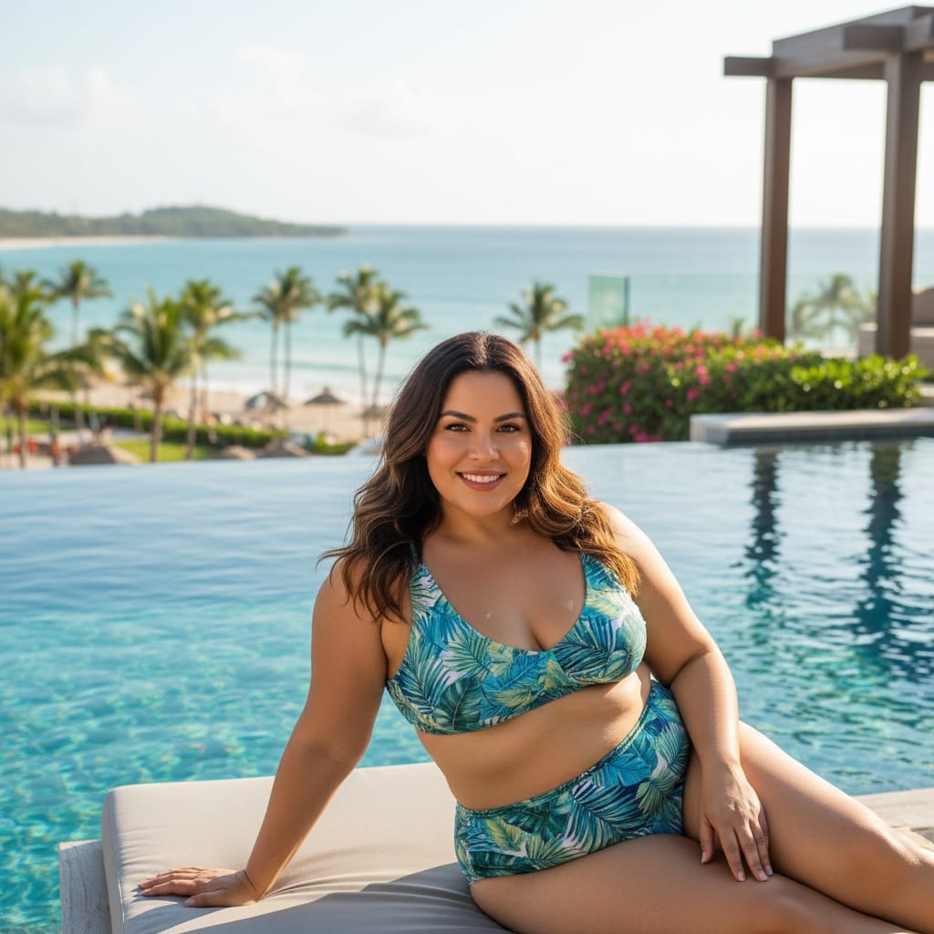 curve latino woman tropical infinity pool 11114984