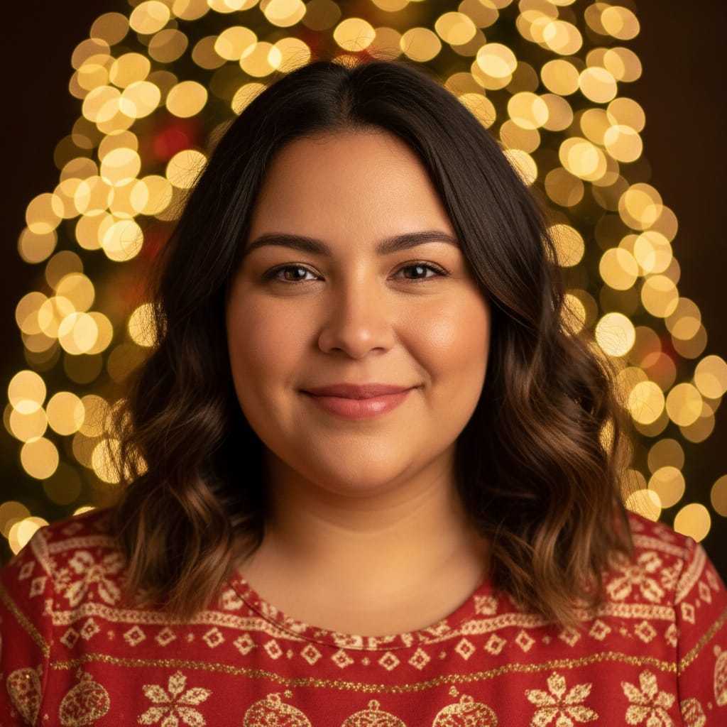 curve latino woman twinkling lights bokeh 99937874