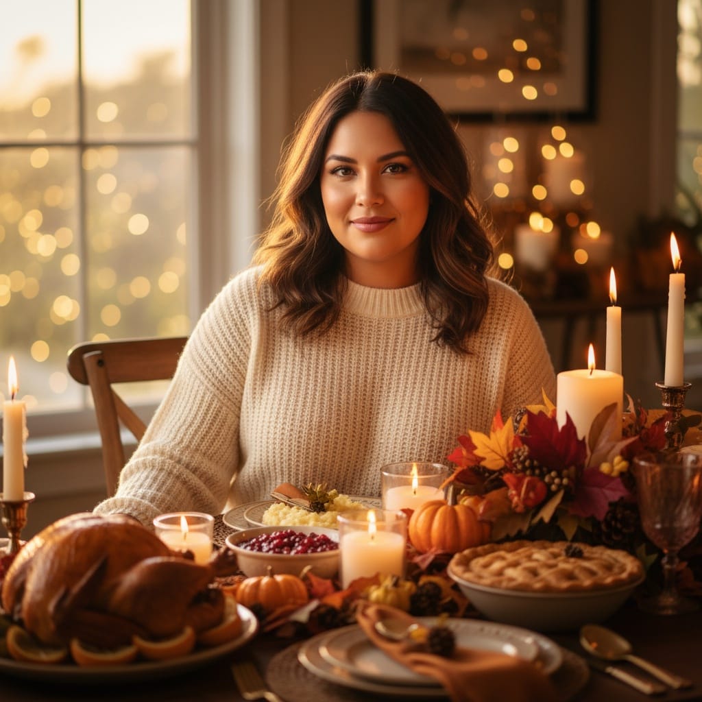 curve latino woman warm autumn dinner table 71145308