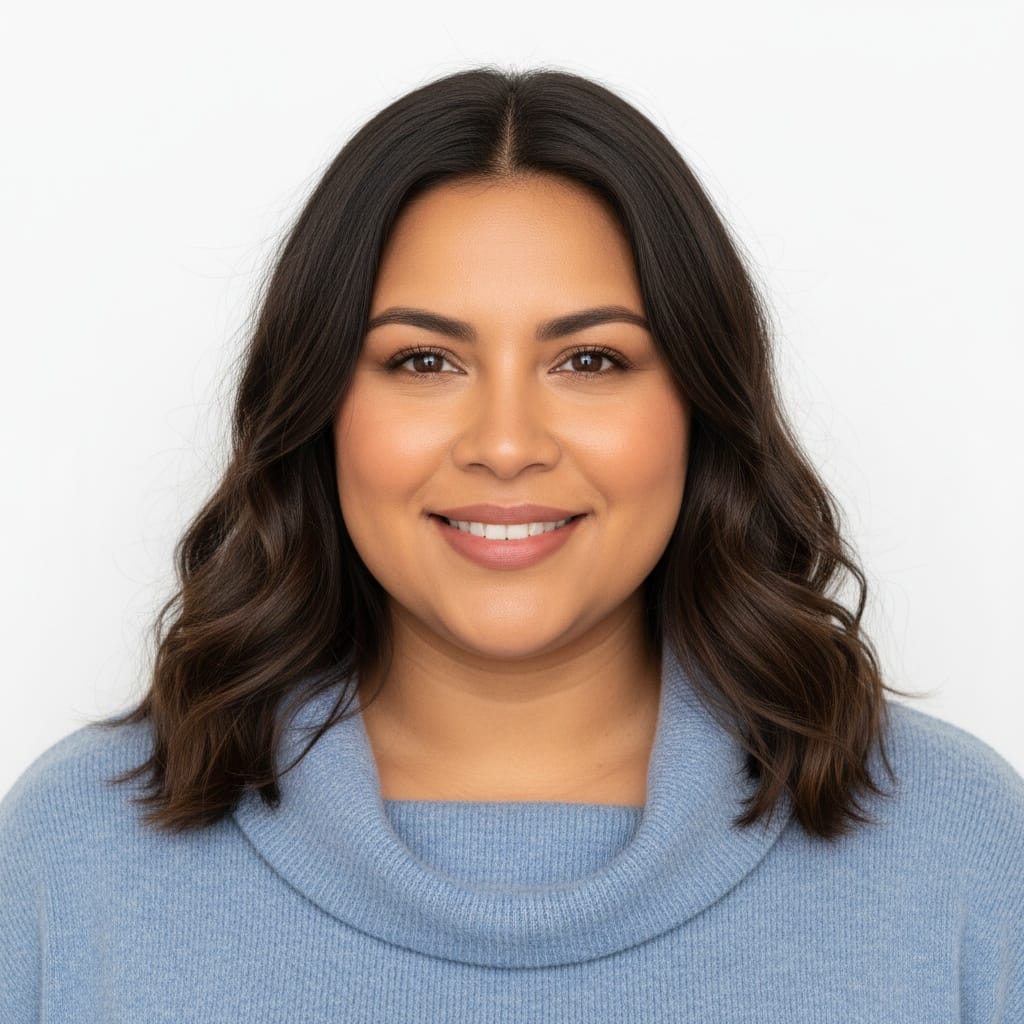 curve latino woman white background slight smile 47192222