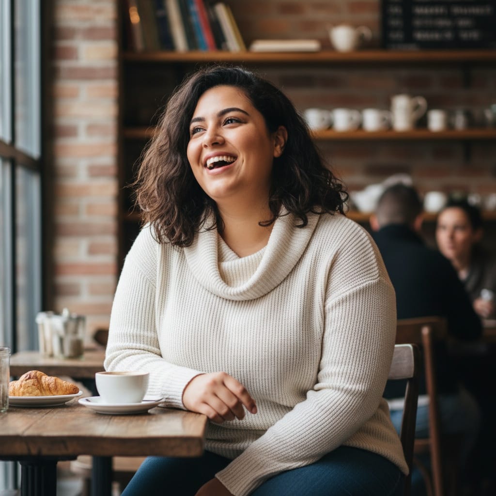 curve middle_eastern woman coffee shop casual 39085322