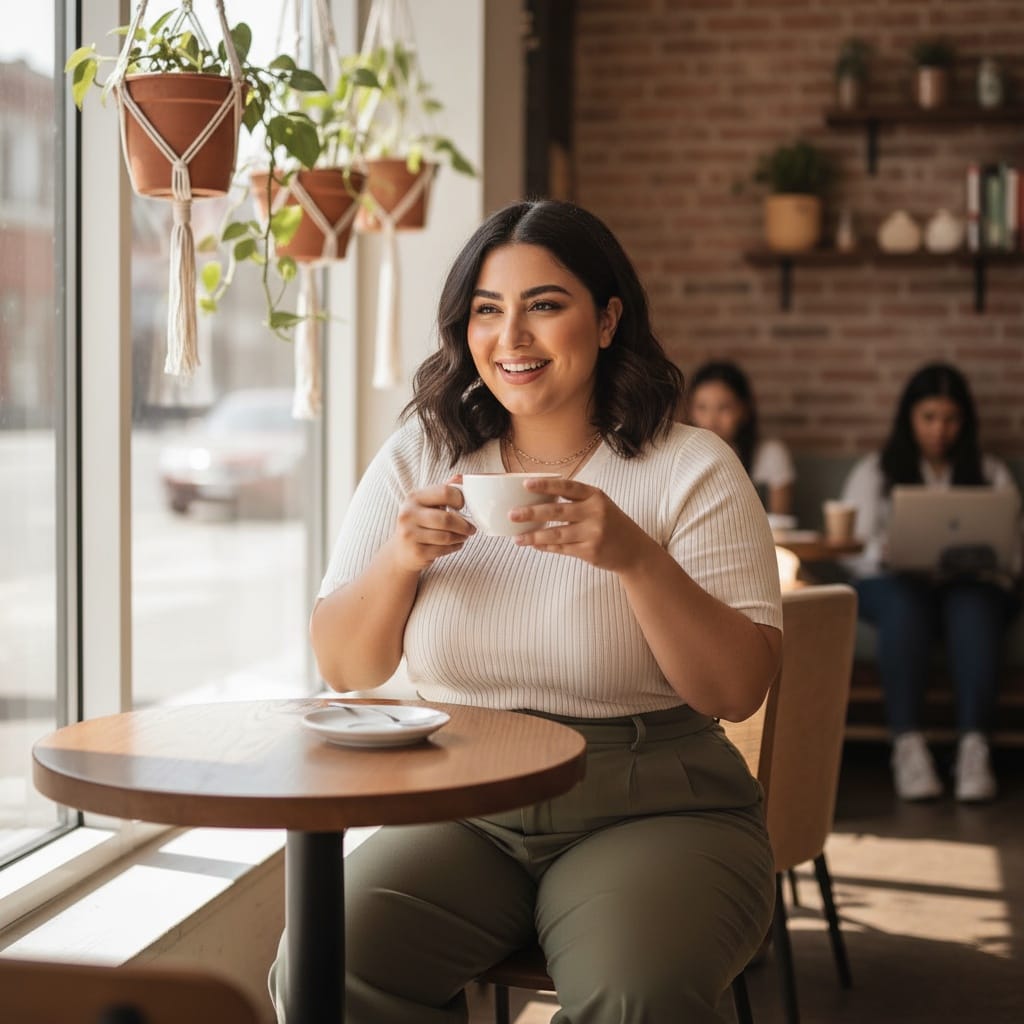 curve middle_eastern woman coffee shop casual chic 21245779